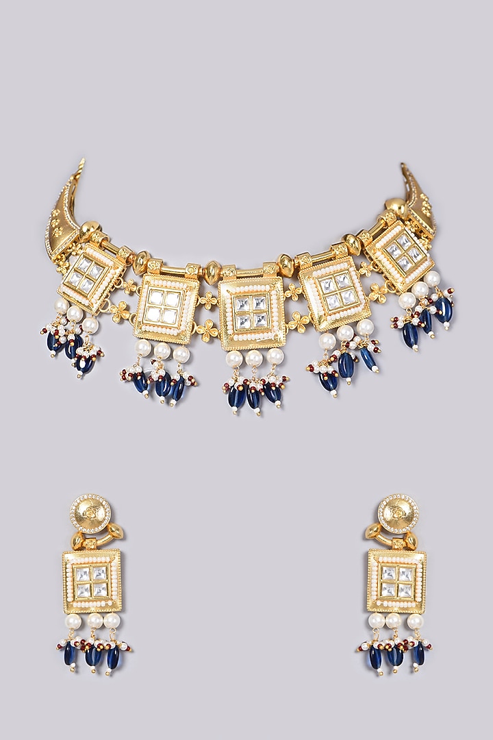 Gold Finish Kundan Polki & Dark Blue Beaded Necklace Set by VASTRAA Jewellery at Pernia's Pop Up Shop