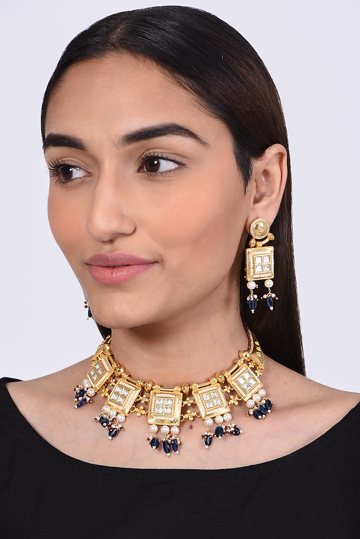 Gold Finish Kundan Polki & Dark Blue Beaded Necklace Set by VASTRAA Jewellery