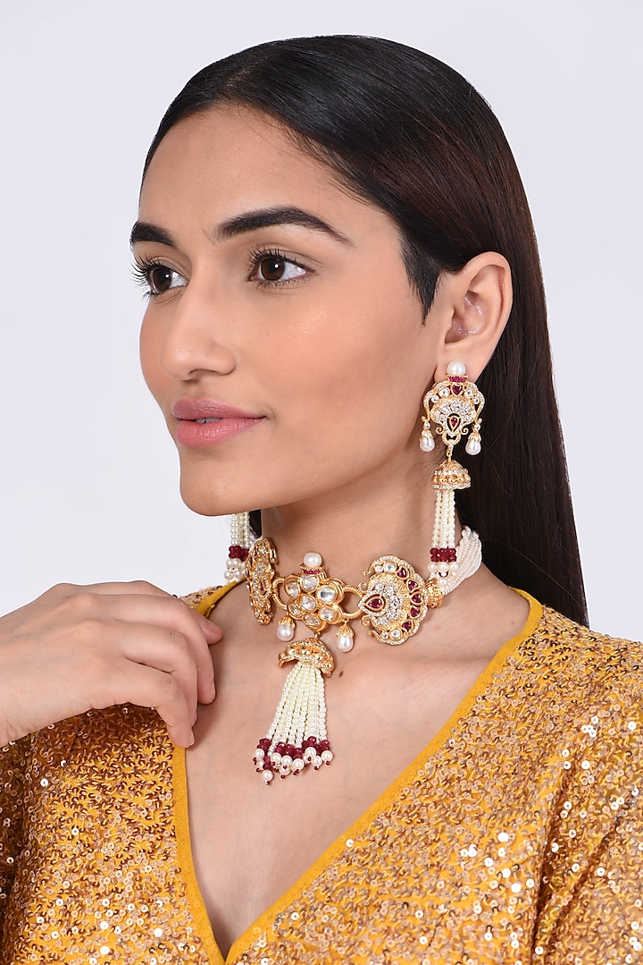 Gold Finish Kundan Polki & Pearl Beaded Necklace Set by VASTRAA Jewellery