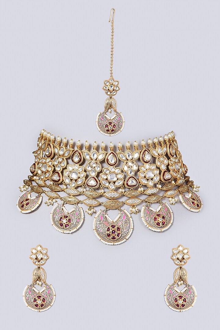 Gold Finish Enameled Kundan Polki & Red Stone Necklace Set by VASTRAA Jewellery at Pernia's Pop Up Shop