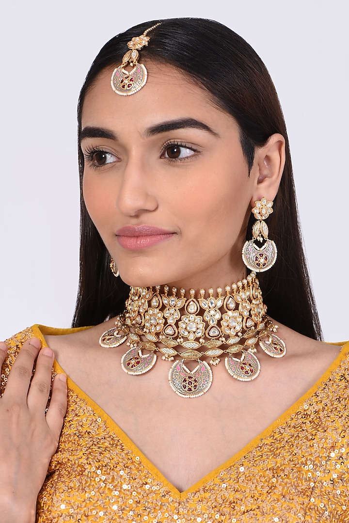 Gold Finish Enameled Kundan Polki & Red Stone Necklace Set by VASTRAA Jewellery