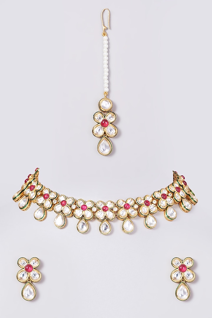 Gold Finish Fuchsia Stone Choker Necklace Set by VASTRAA Jewellery at Pernia's Pop Up Shop