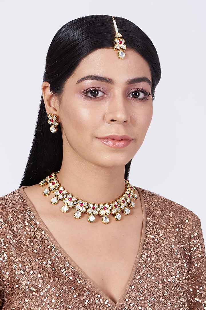 Gold Finish Fuchsia Stone Choker Necklace Set by VASTRAA Jewellery at Pernia's Pop Up Shop