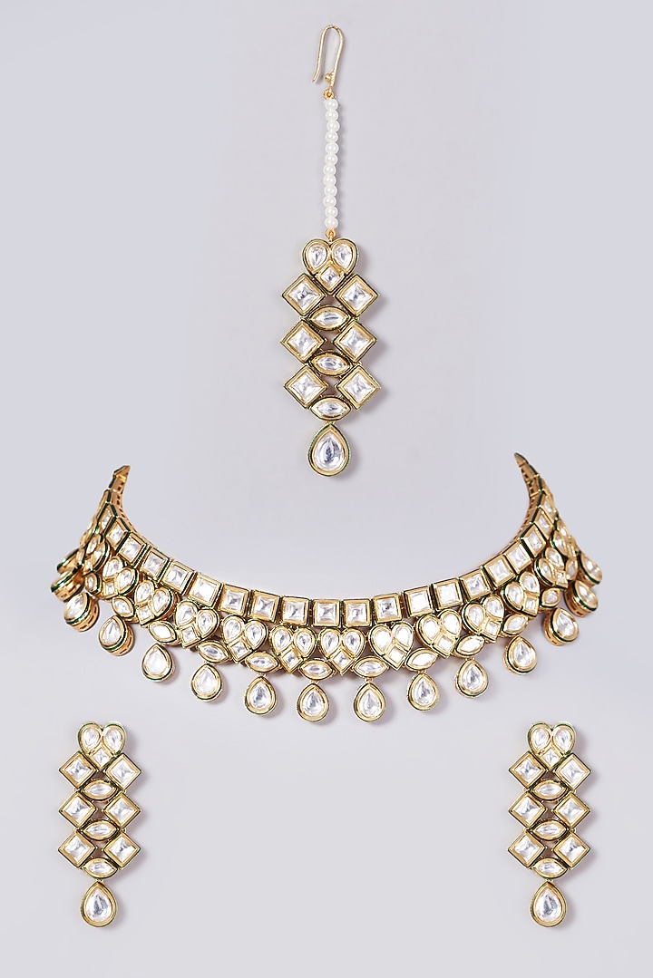 Gold Finish Kundan Polki Choker Necklace Set by VASTRAA Jewellery at Pernia's Pop Up Shop