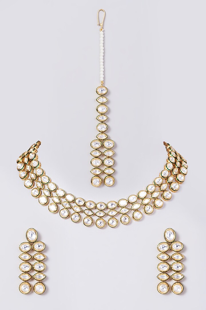 Gold Finish Kundan Polki Choker Necklace Set by VASTRAA Jewellery at Pernia's Pop Up Shop