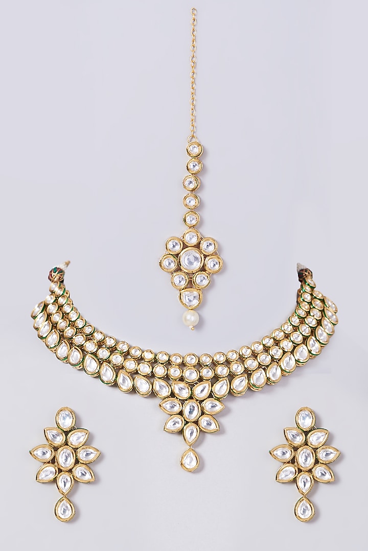 Gold Finish Kundan Polki Choker Necklace Set by VASTRAA Jewellery at Pernia's Pop Up Shop