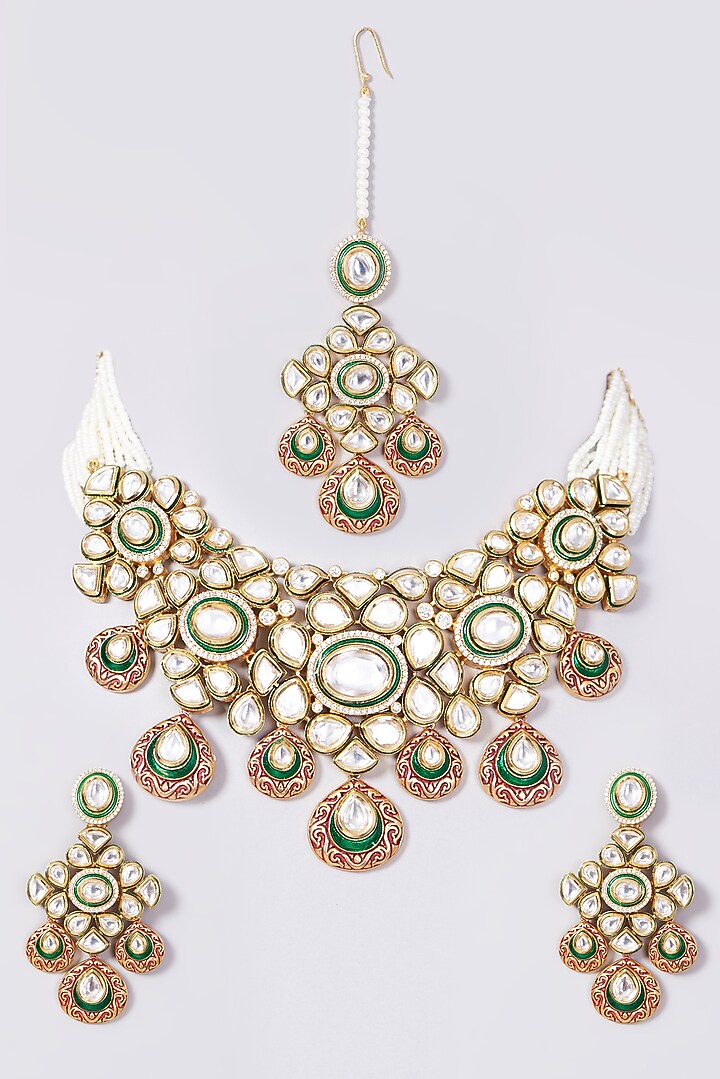 Gold Finish Kundan Polki & Pearls Meenakari Necklace Set by VASTRAA Jewellery at Pernia's Pop Up Shop