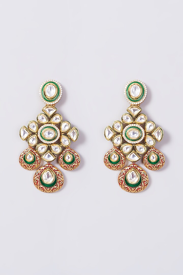 Gold Finish Kundan Polki & Pearls Meenakari Necklace Set by VASTRAA Jewellery at Pernia's Pop Up Shop
