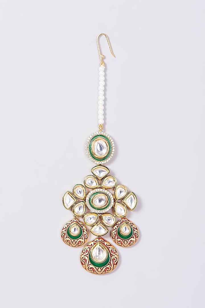 Gold Finish Kundan Polki & Pearls Meenakari Necklace Set by VASTRAA Jewellery at Pernia's Pop Up Shop