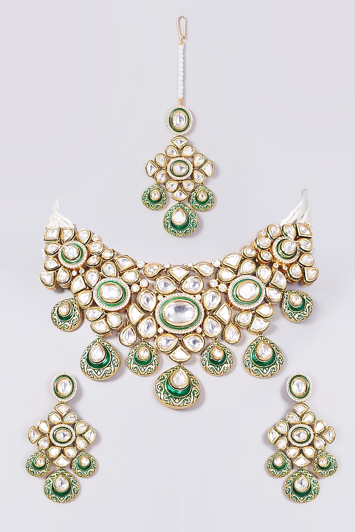 Gold Finish Kundan Polki & Pearls Enameled Necklace Set by VASTRAA Jewellery at Pernia's Pop Up Shop