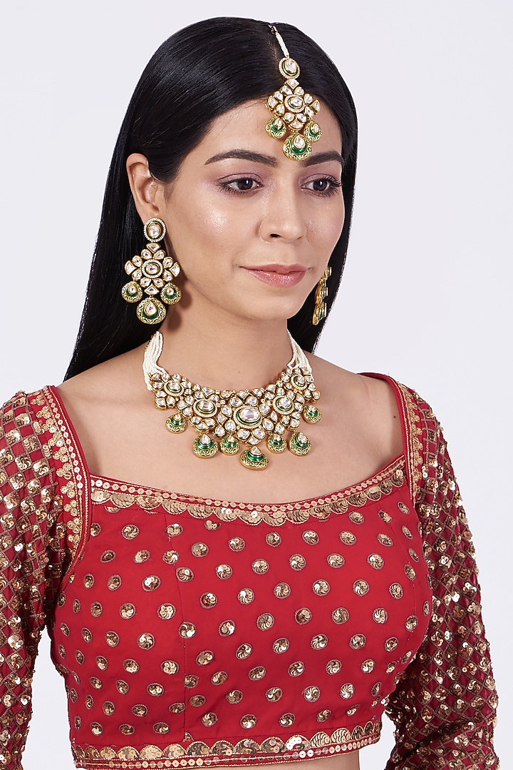 Gold Finish Kundan Polki & Pearls Enameled Necklace Set by VASTRAA Jewellery at Pernia's Pop Up Shop