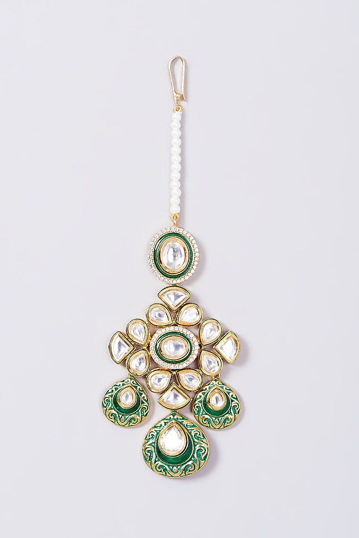 Gold Finish Kundan Polki & Pearls Enameled Necklace Set by VASTRAA Jewellery at Pernia's Pop Up Shop