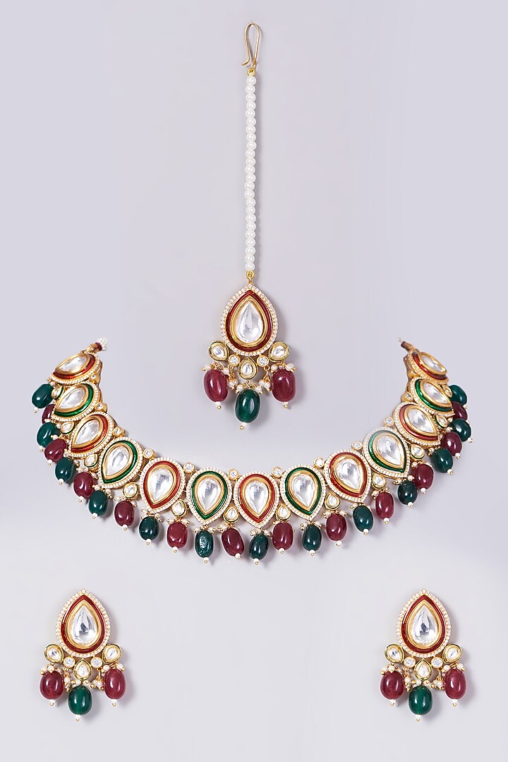 Gold Finish Green & Red Beaded Choker Necklace Set by VASTRAA Jewellery at Pernia's Pop Up Shop