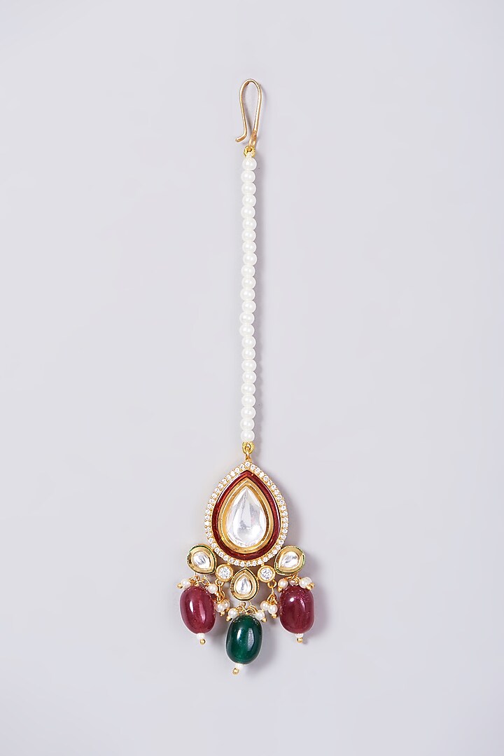 Gold Finish Green & Red Beaded Choker Necklace Set by VASTRAA Jewellery at Pernia's Pop Up Shop