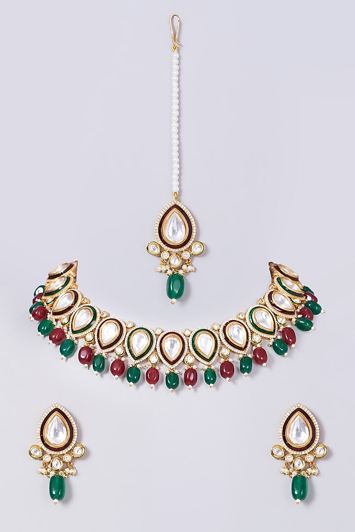 Gold Finish Green & Red Beaded Enameled Choker Necklace Set by VASTRAA Jewellery at Pernia's Pop Up Shop