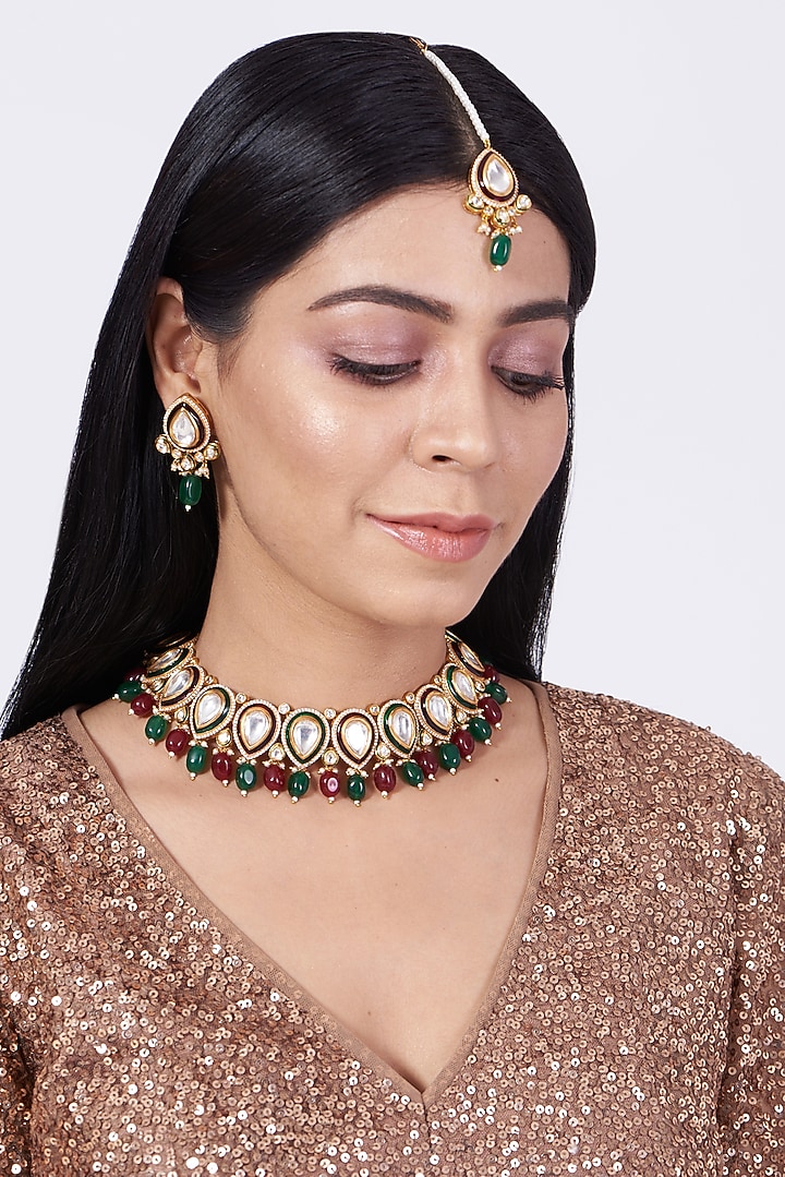 Gold Finish Green & Red Beaded Enameled Choker Necklace Set by VASTRAA Jewellery at Pernia's Pop Up Shop