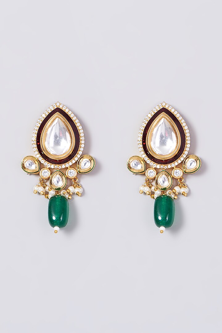 Gold Finish Green & Red Beaded Enameled Choker Necklace Set by VASTRAA Jewellery at Pernia's Pop Up Shop
