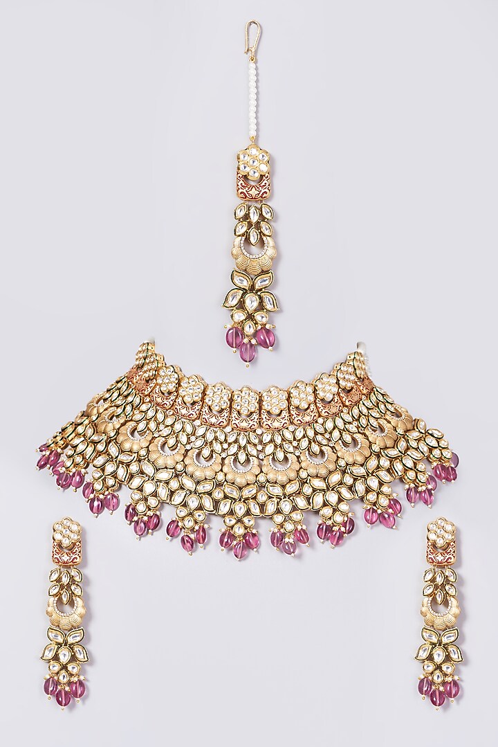 Gold Finish Kundan Polki & Pink Beaded Choker Necklace Set by VASTRAA Jewellery at Pernia's Pop Up Shop