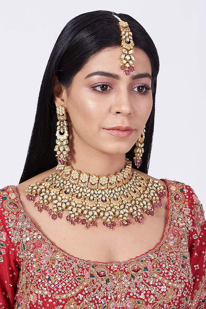 Gold Finish Kundan Polki & Pink Beaded Choker Necklace Set by VASTRAA Jewellery at Pernia's Pop Up Shop