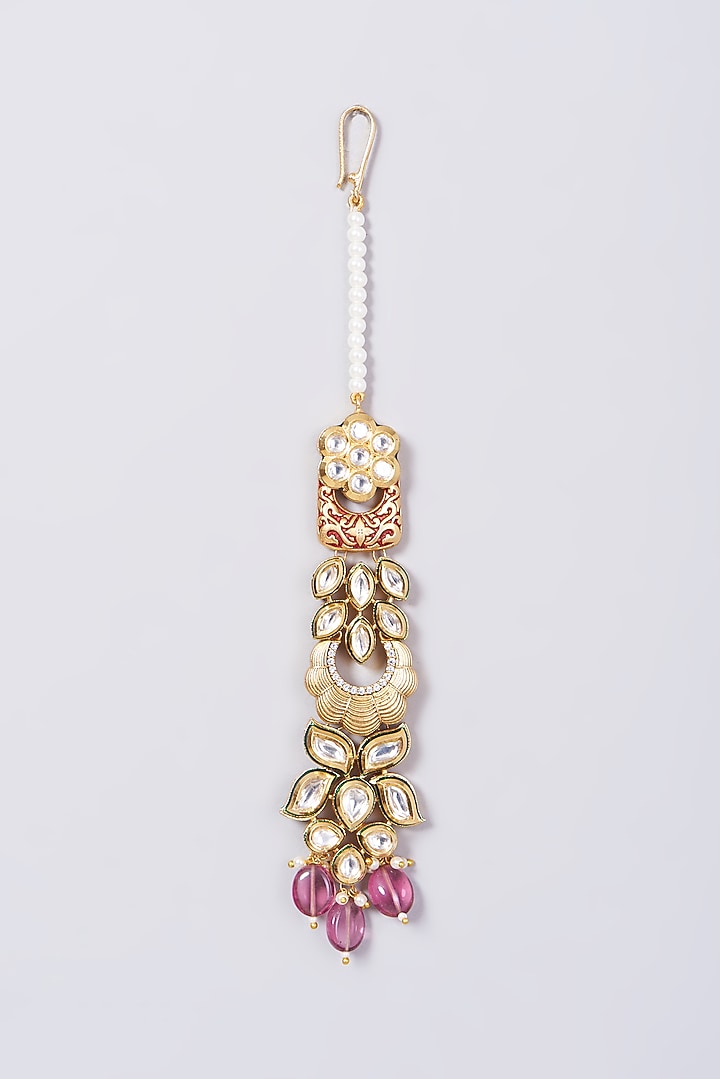 Gold Finish Kundan Polki & Pink Beaded Choker Necklace Set by VASTRAA Jewellery at Pernia's Pop Up Shop