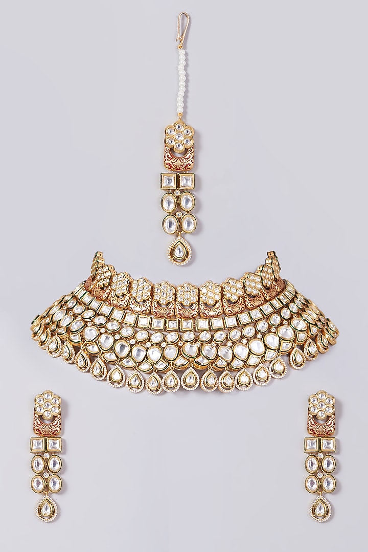 Gold Finish Kundan Polki Choker Necklace Set by VASTRAA Jewellery at Pernia's Pop Up Shop