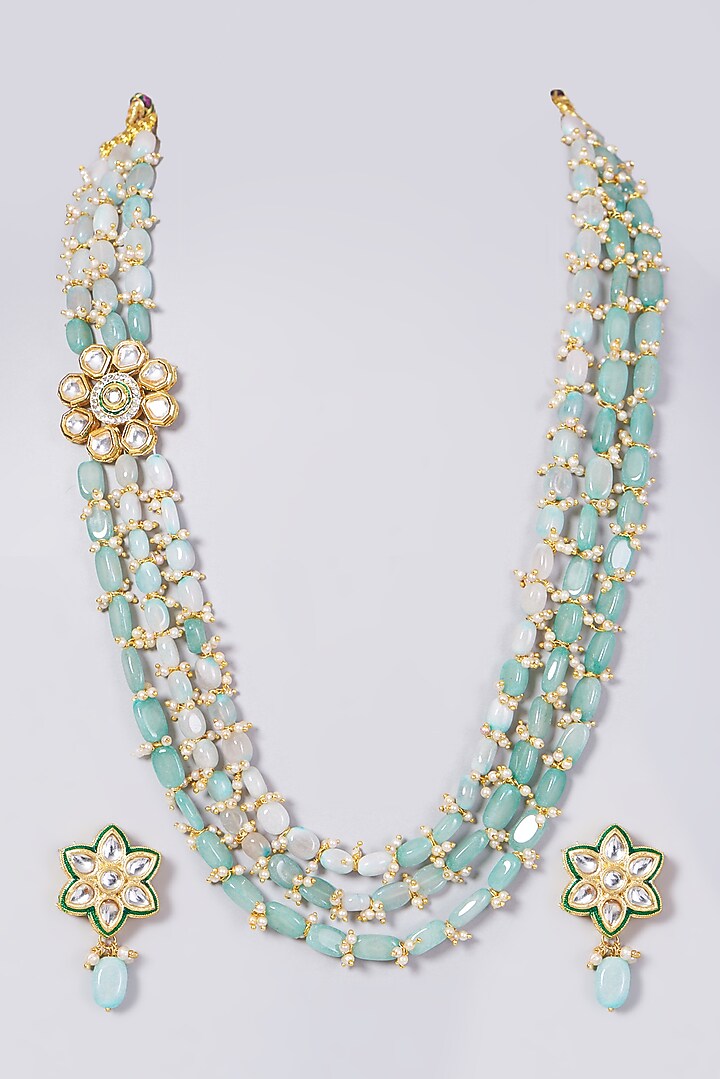 Gold Finish Kundan Polki Beaded Long Necklace Set by VASTRAA Jewellery at Pernia's Pop Up Shop
