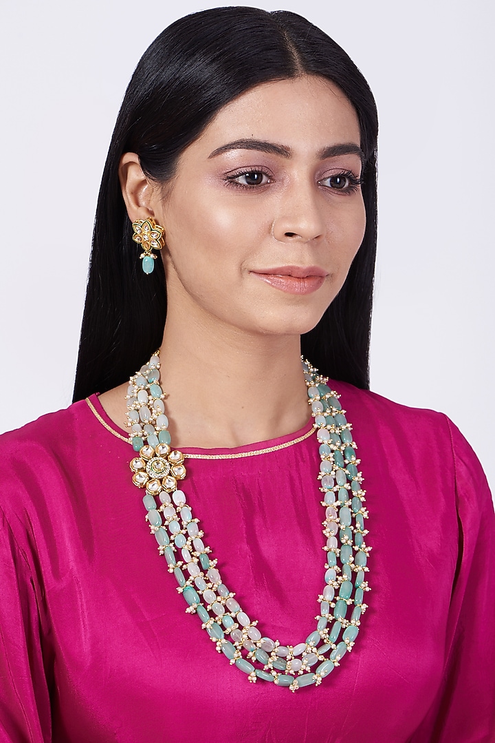 Gold Finish Kundan Polki Beaded Long Necklace Set by VASTRAA Jewellery at Pernia's Pop Up Shop