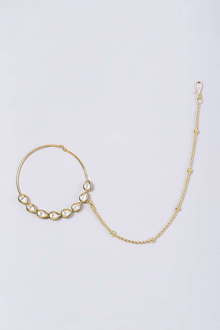Gold Finish Kundan Polki Nose Ring by VASTRAA Jewellery at Pernia's Pop Up Shop