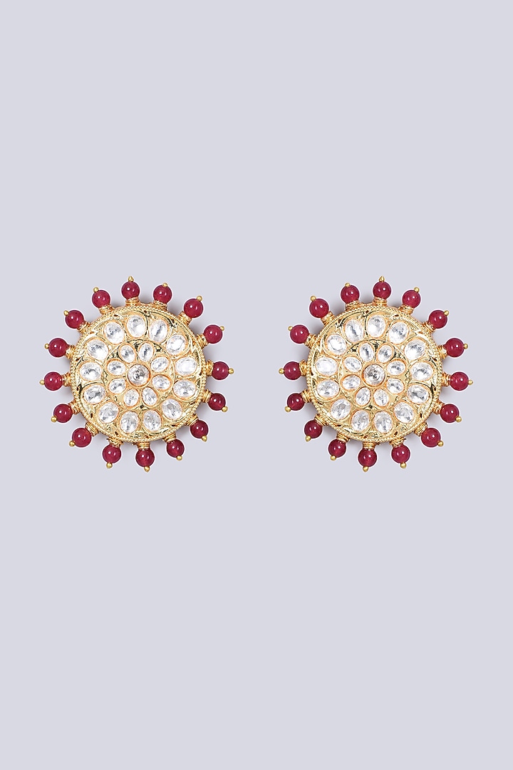 Gold Finish Kundan Polki & Red Stone Earrings by VASTRAA Jewellery at Pernia's Pop Up Shop
