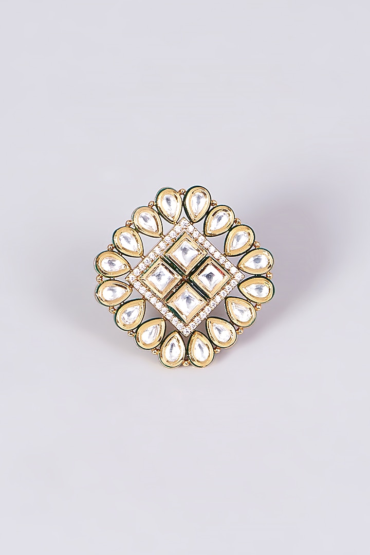 Gold Finish Kundan Polki Square Ring by VASTRAA Jewellery at Pernia's Pop Up Shop