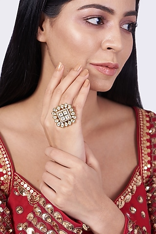 Gold Finish Kundan Polki Square Ring by VASTRAA Jewellery