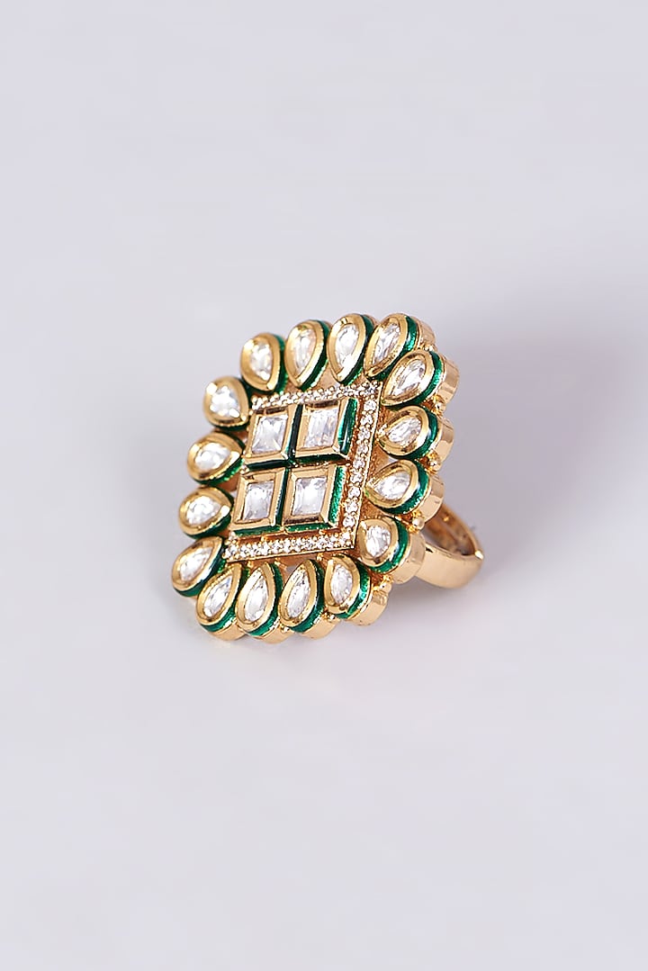Gold Finish Kundan Polki Square Ring by VASTRAA Jewellery at Pernia's Pop Up Shop