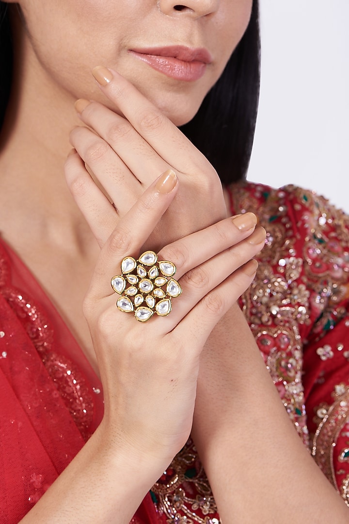 Gold Finish Kundan Polki Ring by VASTRAA Jewellery at Pernia's Pop Up Shop