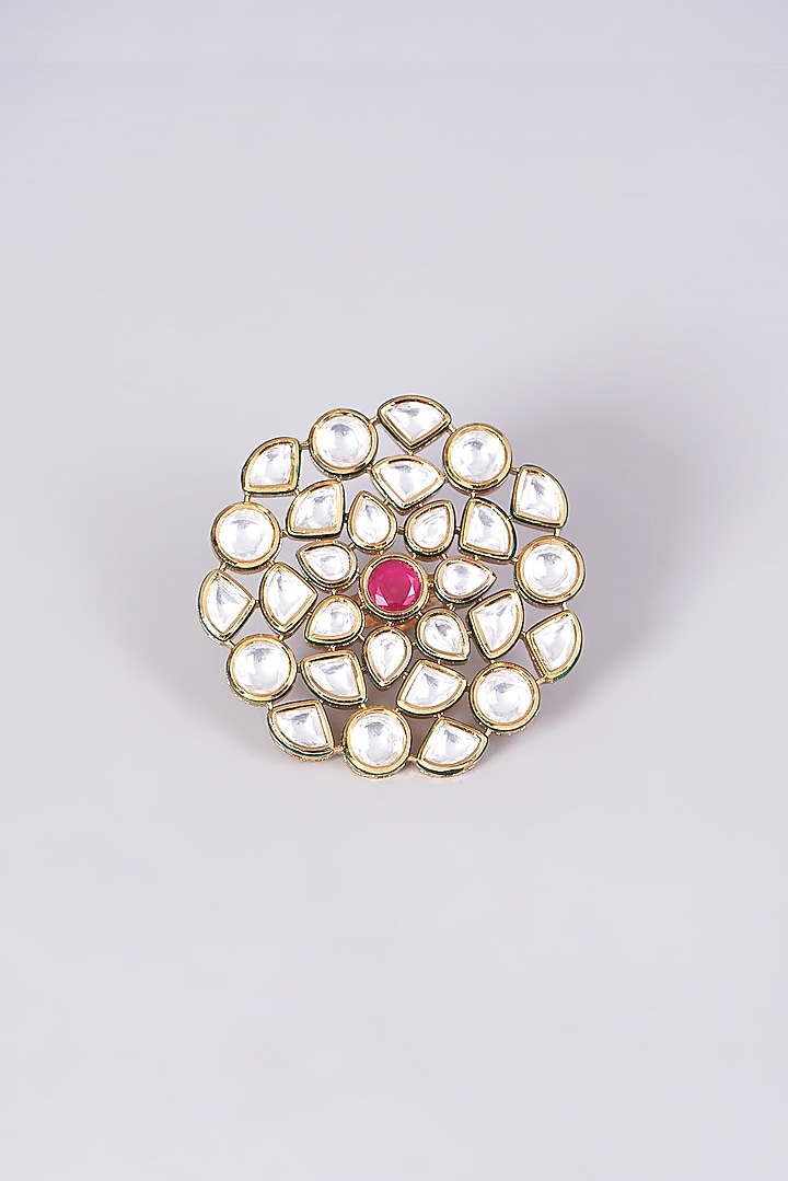 Gold Finish Kundan Polki & Red Stone Ring by VASTRAA Jewellery at Pernia's Pop Up Shop
