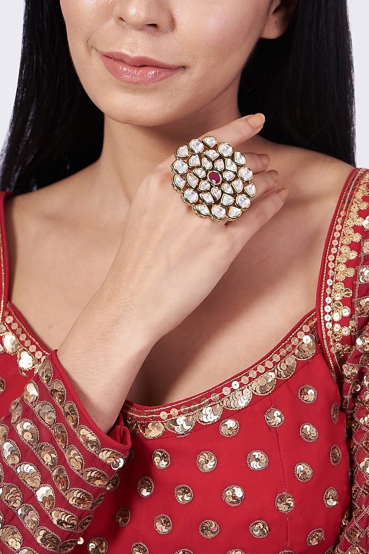 Gold Finish Kundan Polki & Red Stone Ring by VASTRAA Jewellery at Pernia's Pop Up Shop