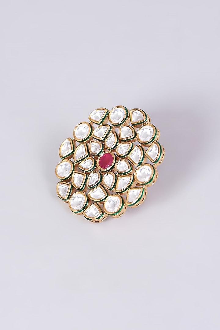 Gold Finish Kundan Polki & Red Stone Ring by VASTRAA Jewellery at Pernia's Pop Up Shop