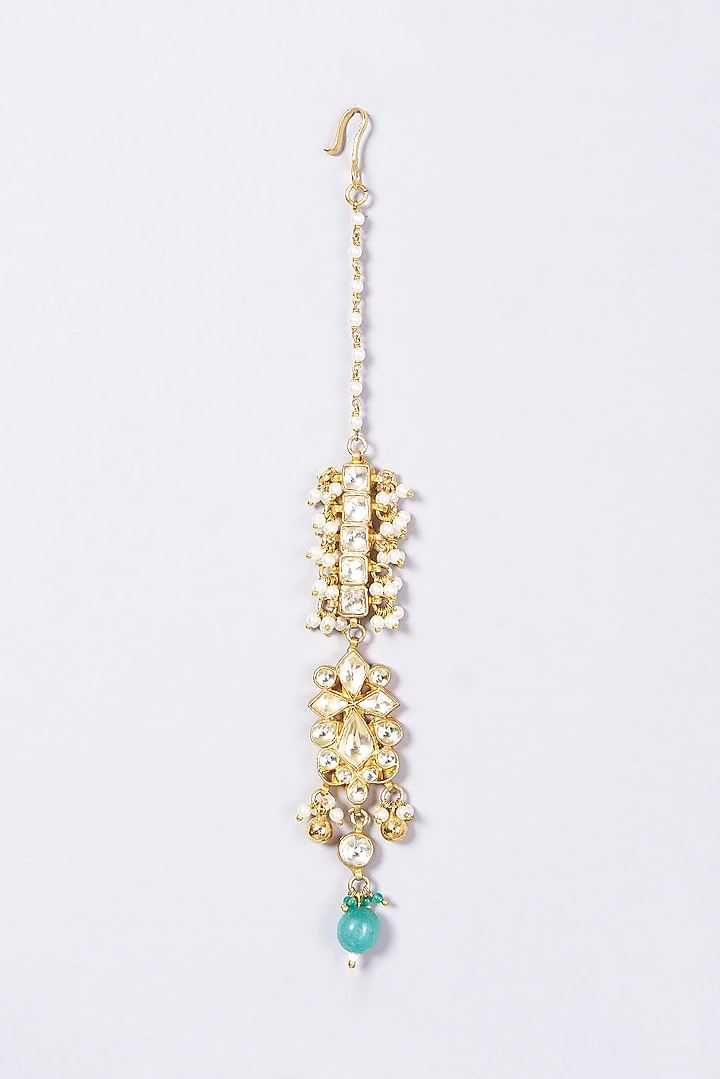 Gold Finish Kundan Polki & Blue Beaded Maang Tikka by VASTRAA Jewellery at Pernia's Pop Up Shop