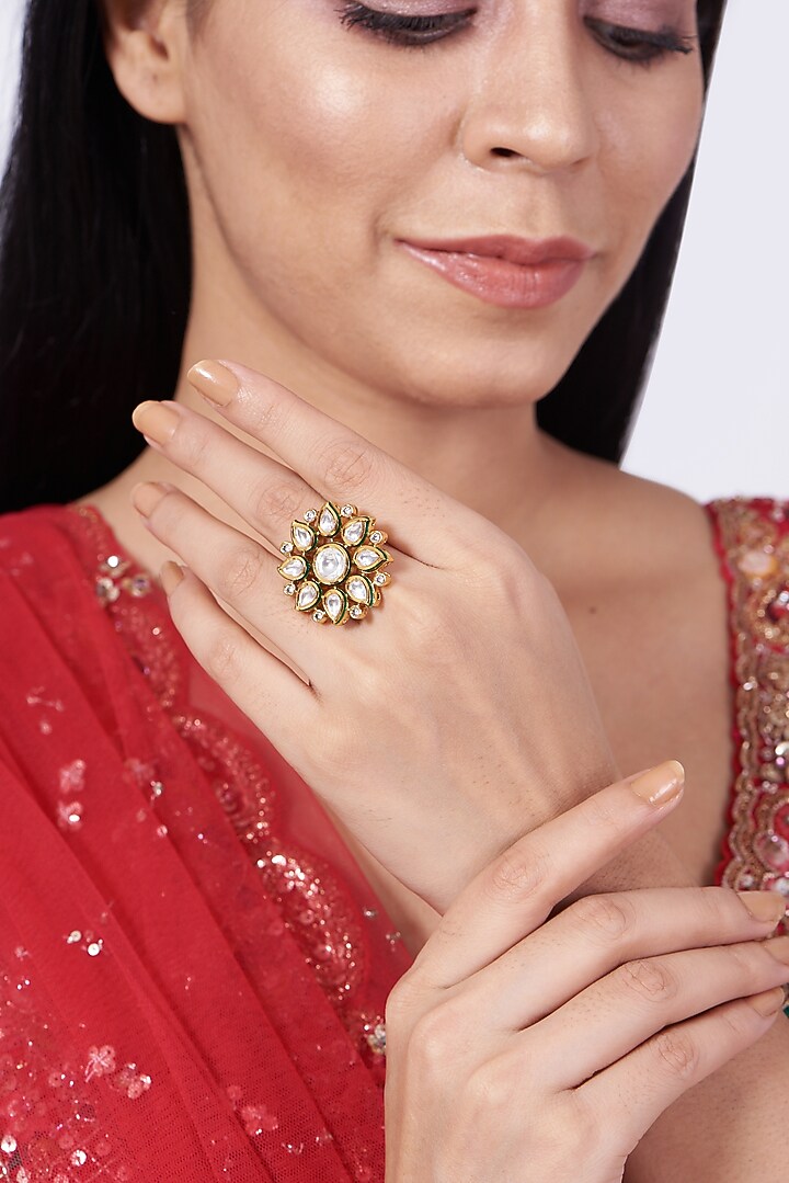 Gold Finish Kundan Polki Ring by VASTRAA Jewellery at Pernia's Pop Up Shop