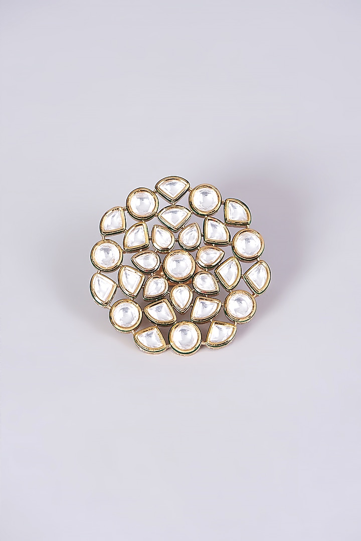 Gold Finish Kundan Polki Oversized Ring by VASTRAA Jewellery at Pernia's Pop Up Shop