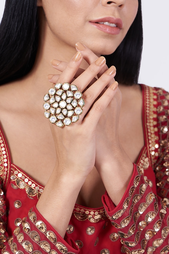 Gold Finish Kundan Polki Oversized Ring by VASTRAA Jewellery at Pernia's Pop Up Shop