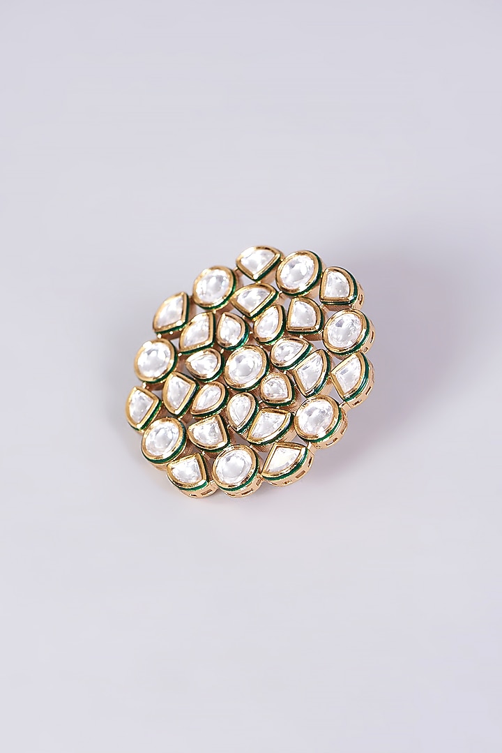 Gold Finish Kundan Polki Oversized Ring by VASTRAA Jewellery at Pernia's Pop Up Shop
