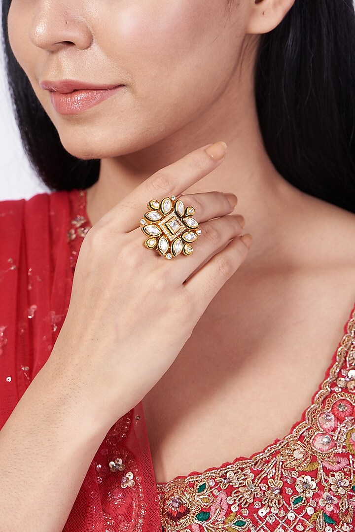 Gold Finish Kundan Polki Ring by VASTRAA Jewellery at Pernia's Pop Up Shop