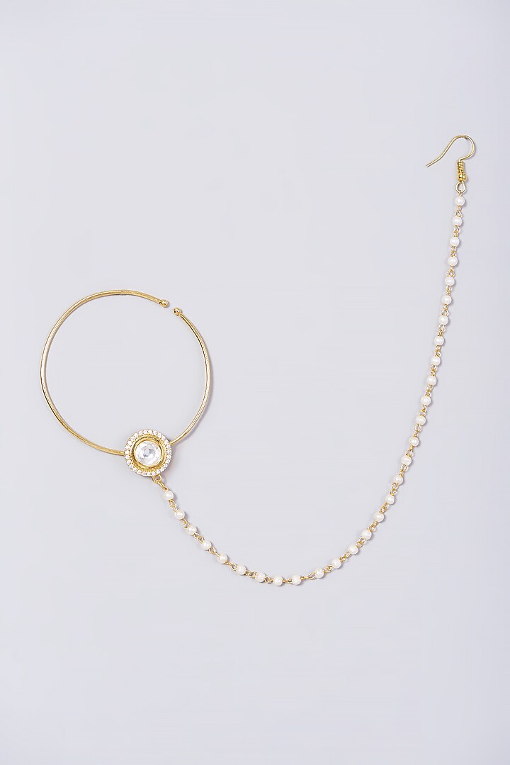 Gold Finish Kundan Polki & Pearl Nose Ring by VASTRAA Jewellery at Pernia's Pop Up Shop
