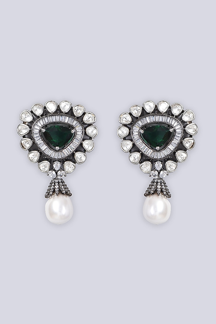 Black Rhodium Finish Zircon & Pearl Earrings by VASTRAA Jewellery at Pernia's Pop Up Shop