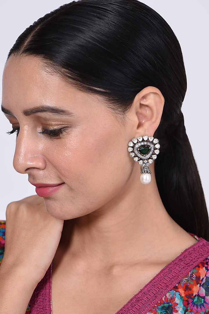 Black Rhodium Finish Zircon & Pearl Earrings by VASTRAA Jewellery