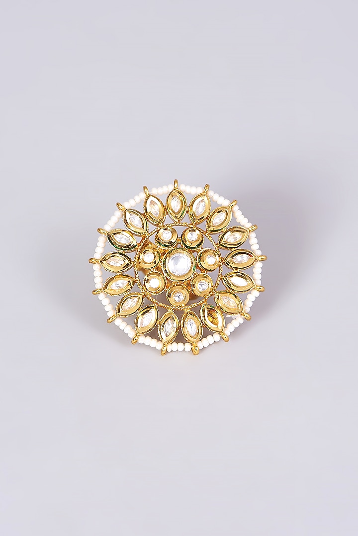Gold Finish Kundan Polki & Pearl Ring by VASTRAA Jewellery at Pernia's Pop Up Shop