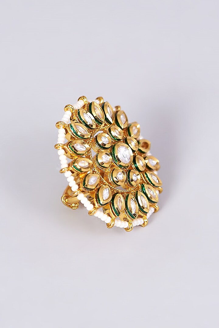 Gold Finish Kundan Polki & Pearl Ring by VASTRAA Jewellery at Pernia's Pop Up Shop