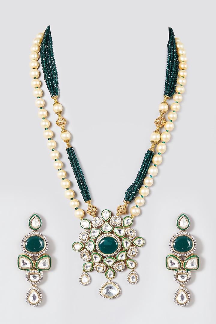 Gold Finish Green Beaded Long Necklace Set by VASTRAA Jewellery at Pernia's Pop Up Shop