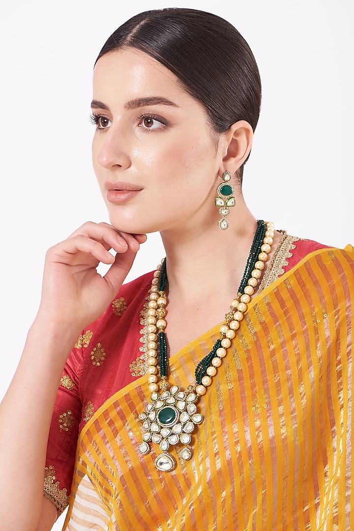 Gold Finish Green Beaded Long Necklace Set by VASTRAA Jewellery at Pernia's Pop Up Shop