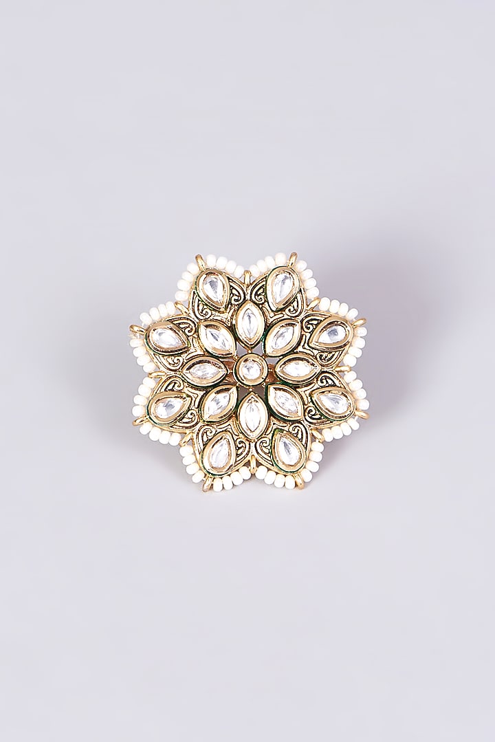 Gold Finish Pearl & Kundan Polki Ring by VASTRAA Jewellery at Pernia's Pop Up Shop